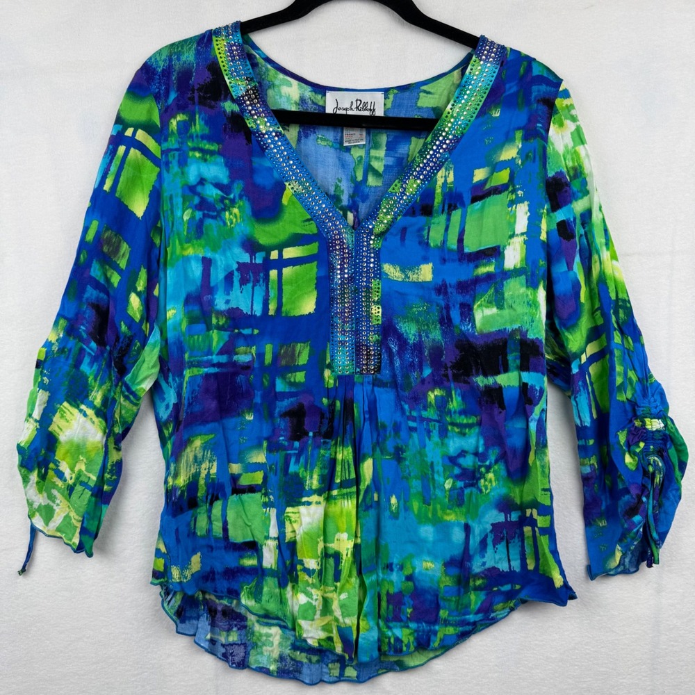 Joseph Ribkoff Blue Green Print Embellished V-Neck 3/4 Sleeve Blouse Top 10‎